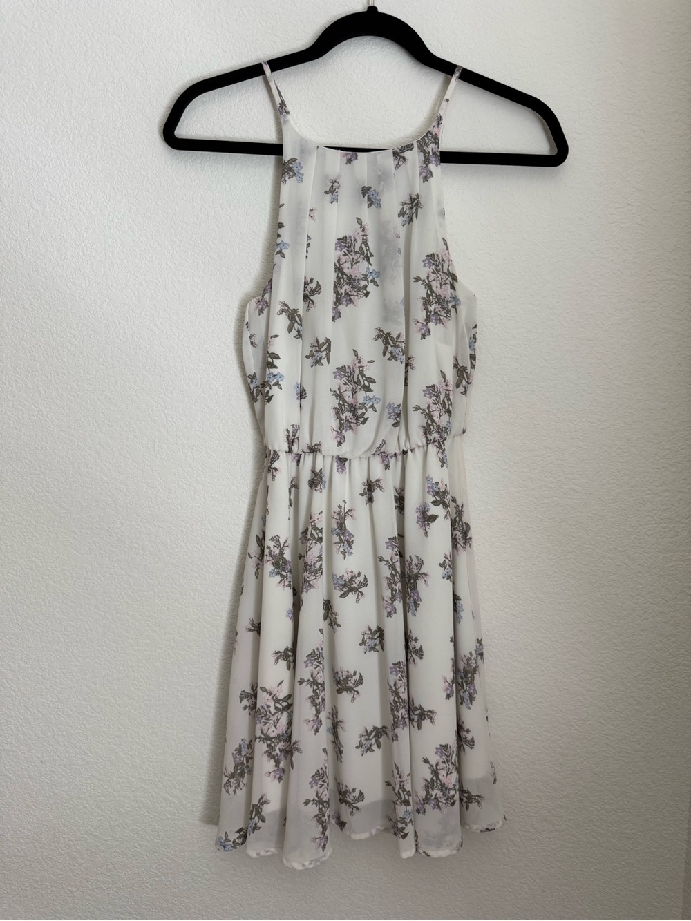 Blue Rain White Mini Dress with Purple Floral Print